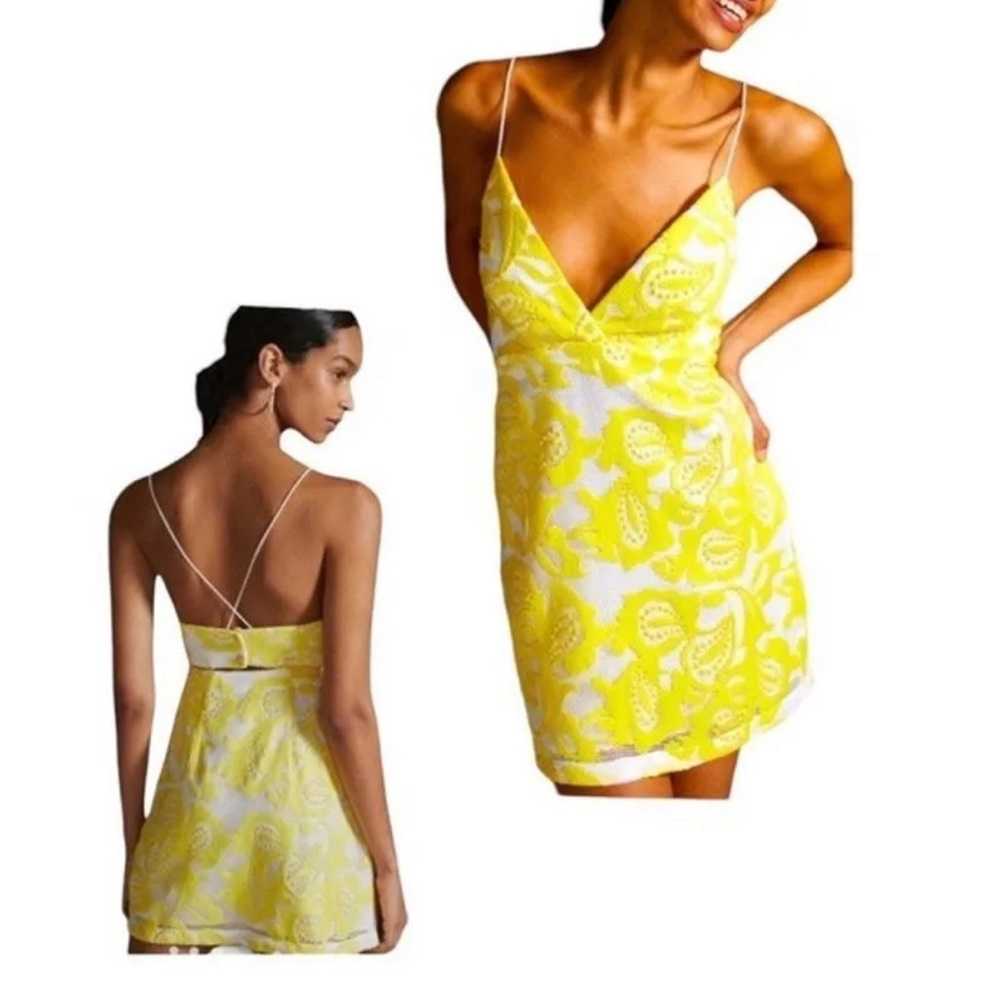 NEW Anthropologie Maeve Strappy Embroidered Lace Mini Dress Yellow size 10